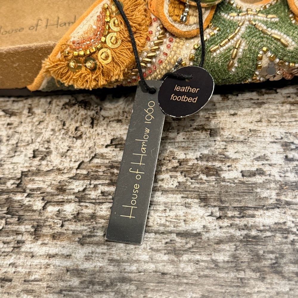House of Harlow Slides 1960 Beaded Leaf Leather Buckle Sandals Size 8.5 NWT‎ - Picture 9 of 15